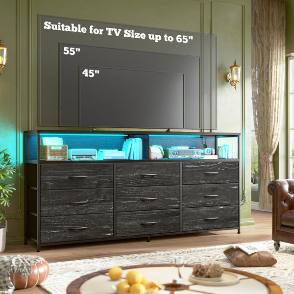 Long Dresser with 9 Drawers, LED TV Stand & Power Outlets