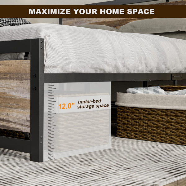 California King Metal Platform Bed Frame with Wooden Headboard – Industrial Style