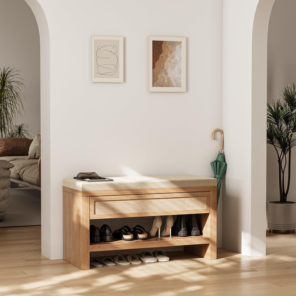 Farmhouse Shoe Bench with Storage Drawer & Linen Cushion