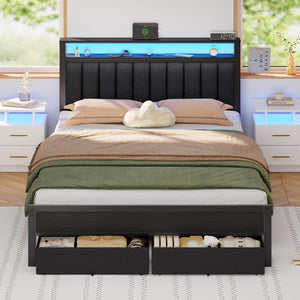 Queen Bed Frame with LED Lights, Charging Station & Storage Drawers
