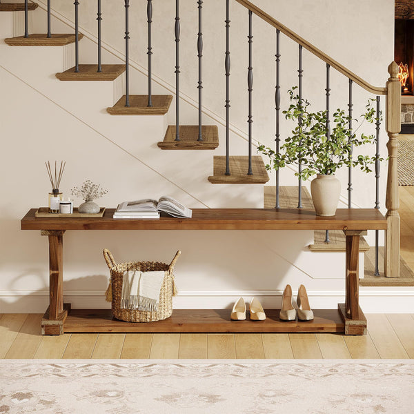 59-Inch Solid Wood Entryway Bench with Open Shelf