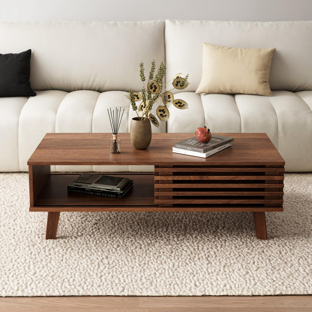Mid-Century Coffee Table with Storage & Sliding Door
