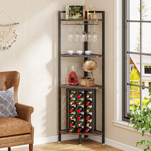 4-Tier Industrial Corner Wine Rack with Glass Holders – Rustic Brown