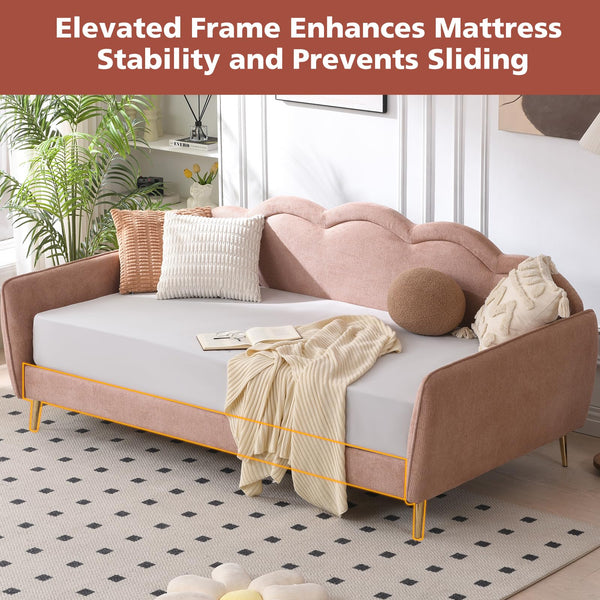 Twin Size Cloud-Shaped Upholstered Daybed | Linen Sofa Bed with Metal Legs