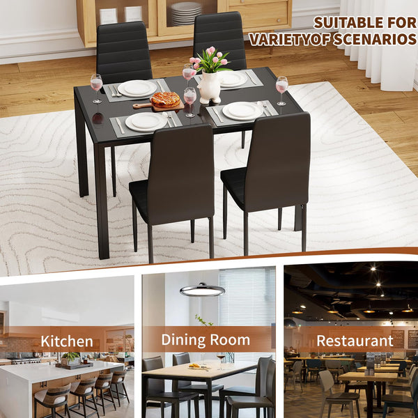 5-Piece Glass Dining Table Set with 4 Upholstered Faux Leather Chairs