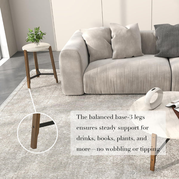 Modern Round End Table with Marble Top & Wood Legs