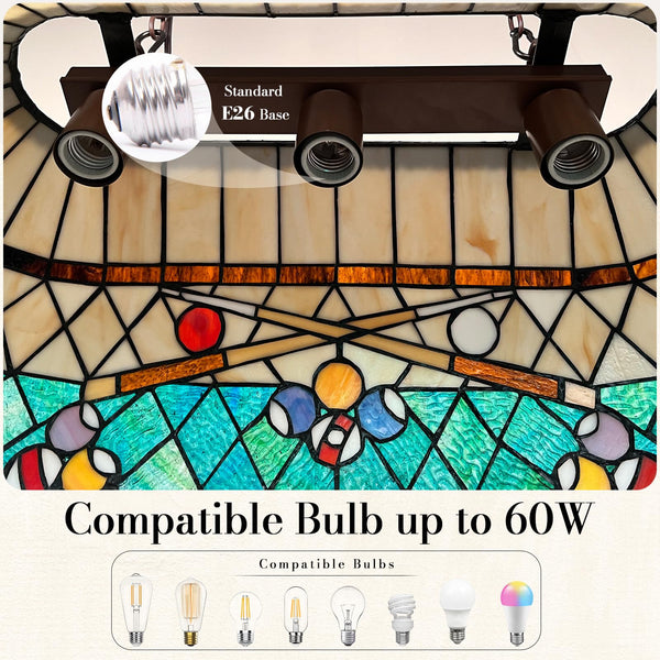 Tiffany Stained Glass Pool Table Pendant Light – 3-Light Amber Green