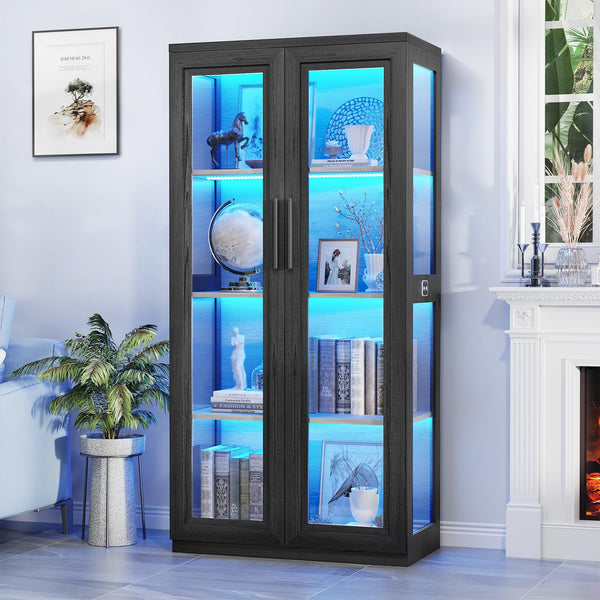 Glass Door Display Cabinet with LED Lights and 4 Shelves