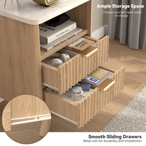 Fluted Nightstand Set of 2 with Drawer & Open Shelf — Oak