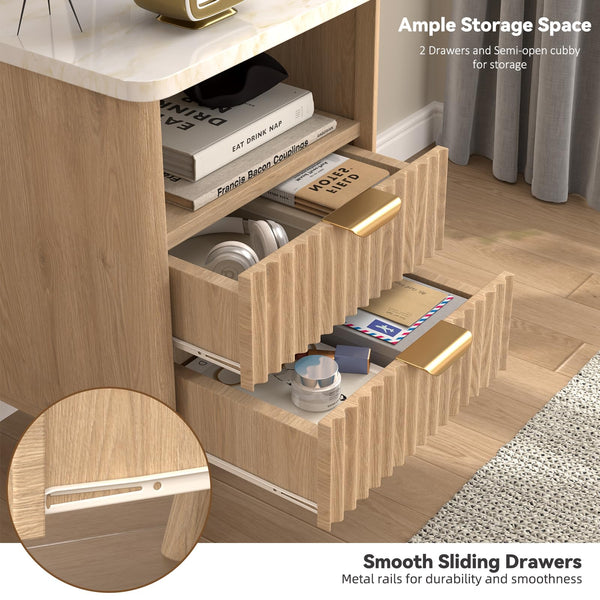 Fluted Nightstand Set of 2 with Drawer & Open Shelf — Oak