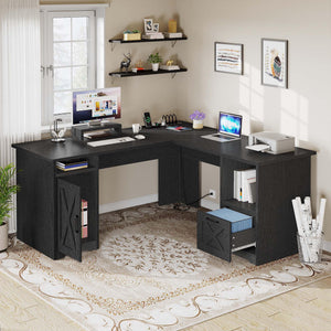 L-Shaped Desk with Power Outlets, File Drawer & Monitor Stand