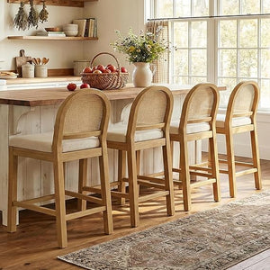 Upholstered Rattan Bar Stools – Solid Wood Counter Height Stools with Chenille Seat