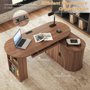 L-Shaped Rotating Computer Desk with Storage Cabinet, Keyboard Tray & Power Outlet – 60 Inch
