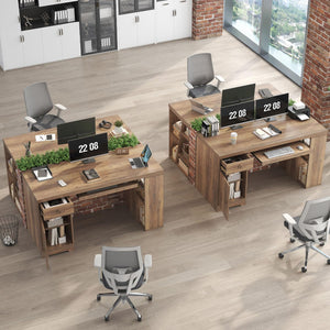55 Inch Farmhouse Executive Desk with Drawers, Keyboard Tray & Storage Shelves