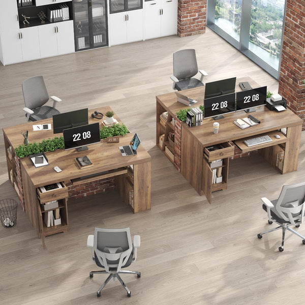 55 Inch Farmhouse Executive Desk with Drawers, Keyboard Tray & Storage Shelves
