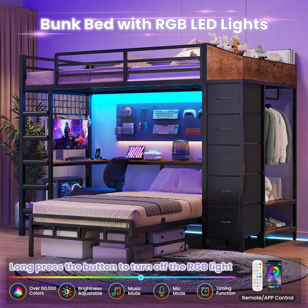 L-Shaped Twin Over Twin Bunk Bed with Storage, Desk & LED Lights