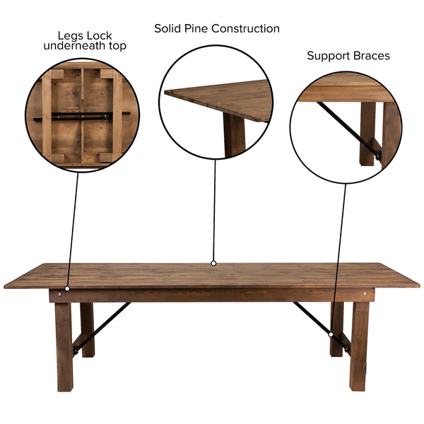 9FT Rustic Solid Pine Folding Farm Table — Seats 10