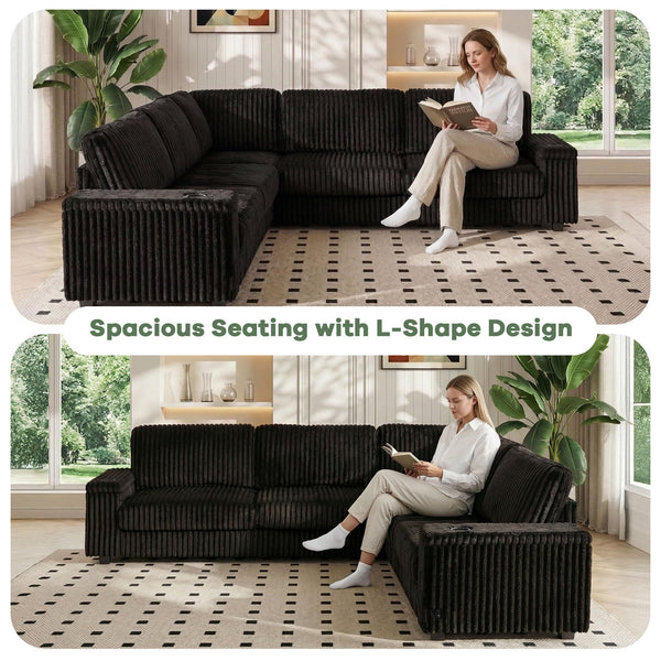 L-Shaped Corduroy Sectional Sofa with USB Charging & Storage