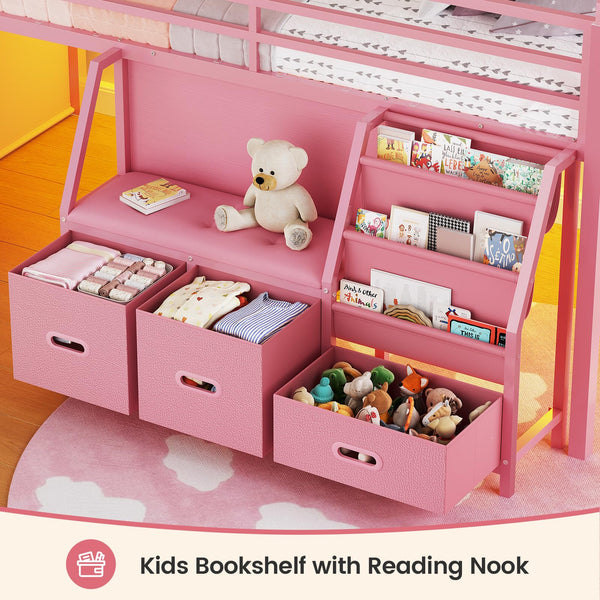 Kids Low Loft Bed Twin with Bookshelf & Reading Nook