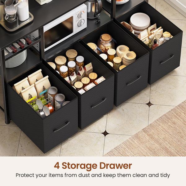 Bakers Rack with Power Outlet, LED Light & Storage Cabinet