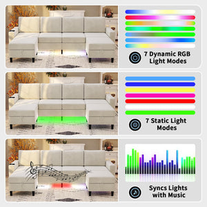 U-Shaped Sectional Sofa with LED Lights, Wireless Charging & Storage Ottomans
