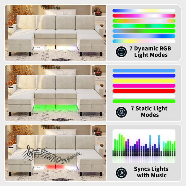 U-Shaped Sectional Sofa with LED Lights, Wireless Charging & Storage Ottomans