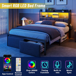 Full Size Bed Frame with Storage Drawers, Charging Station & LED Lights