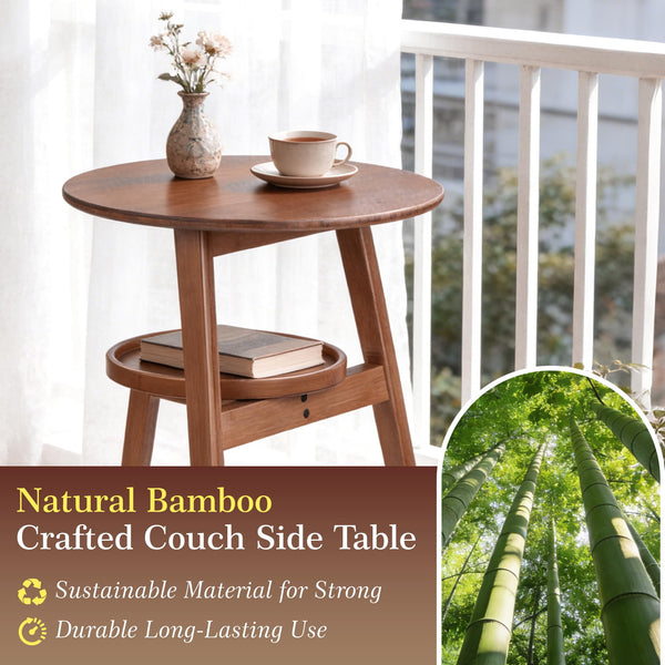 Bamboo Round 2-Tier End Table with Storage Shelf