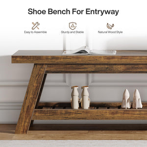 55" Wood Entryway Bench with Shoe Storage & Open Shelves