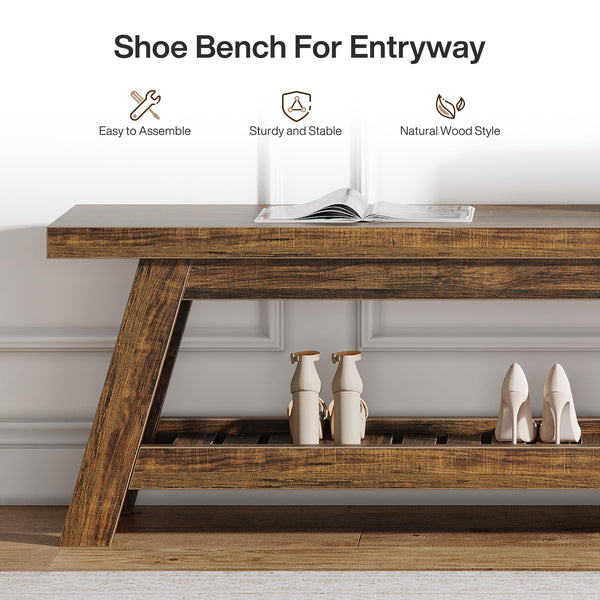55" Wood Entryway Bench with Shoe Storage & Open Shelves