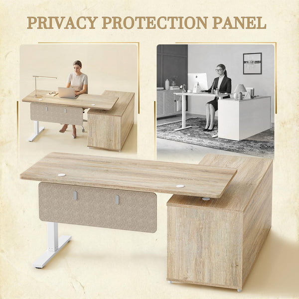 L-Shaped Height Adjustable Standing Desk with Privacy Panel, Drawers & Shelves, 61.4" x 47.2" – Maple