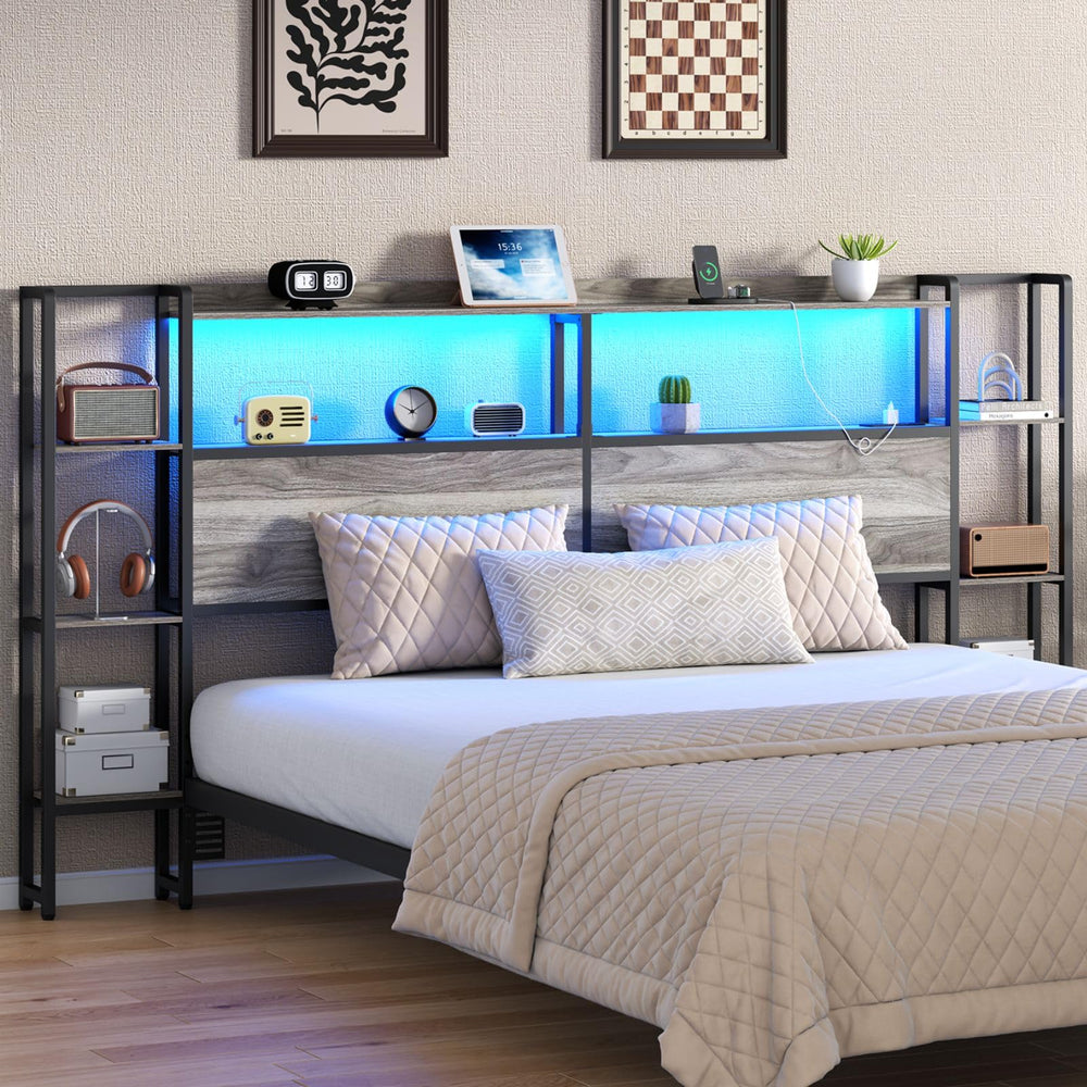 King Size Headboard with LED Lights, Charging Station & Storage Shelves
