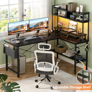 L-Shaped Gaming & Home Office Desk with Power Outlets, LED Lights & Monitor Stand