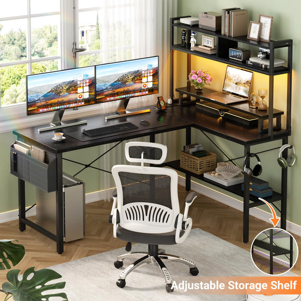 L-Shaped Gaming & Home Office Desk with Power Outlets, LED Lights & Monitor Stand