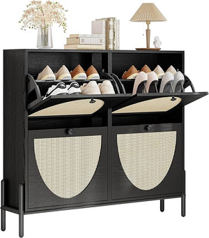Rattan Shoe Cabinet with 4 Flip Drawers