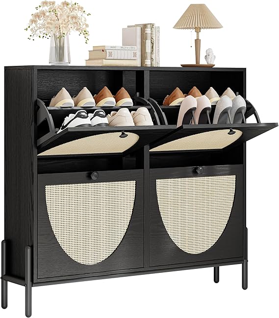 Rattan Shoe Cabinet with 4 Flip Drawers