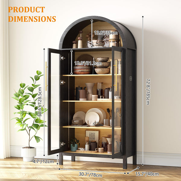 5-Tier Arched Glass Door Storage Cabinet with LED Lights – Black