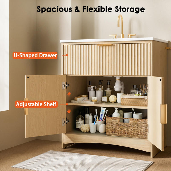 30-Inch Fluted Bathroom Vanity with Ceramic Sink and Storage Cabinet