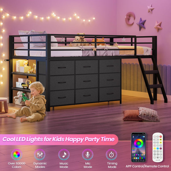 Twin Low Loft Bed with 9 Storage Drawers, LED Lights & Safety Guardrail