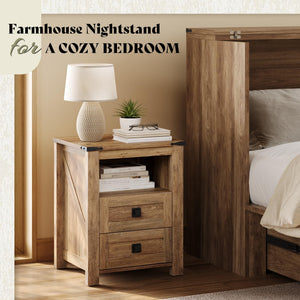 Farmhouse Nightstand Set of 2 with Drawer & Open Shelf