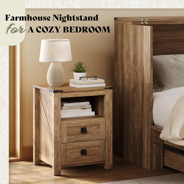 Farmhouse Nightstand Set of 2 with Drawer & Open Shelf