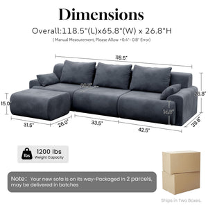 118" L-Shape Modular Cloud Sectional Sofa with Ottoman