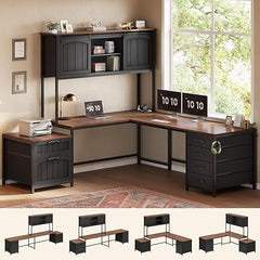 L-Shaped Office Desk with Hutch, 6 Drawers & Power Outlet – Farmhouse Corner Desk