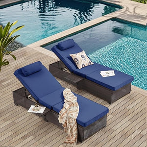 Outdoor PE Rattan Chaise Lounge Chair Set of 2 with Adjustable Backrest & Side Table