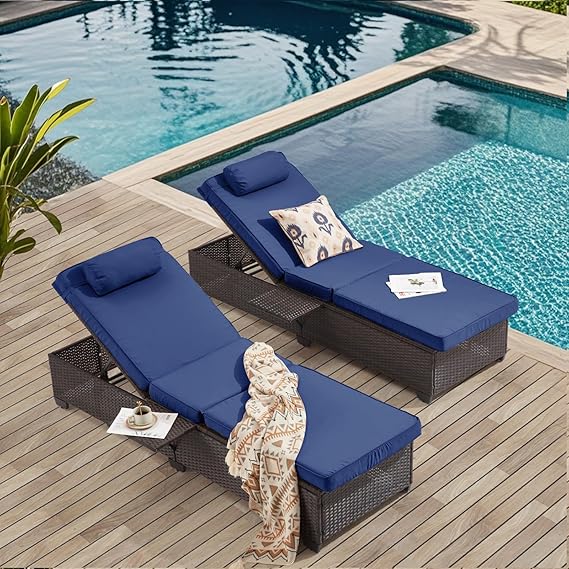 Outdoor PE Rattan Chaise Lounge Chair Set of 2 with Adjustable Backrest & Side Table