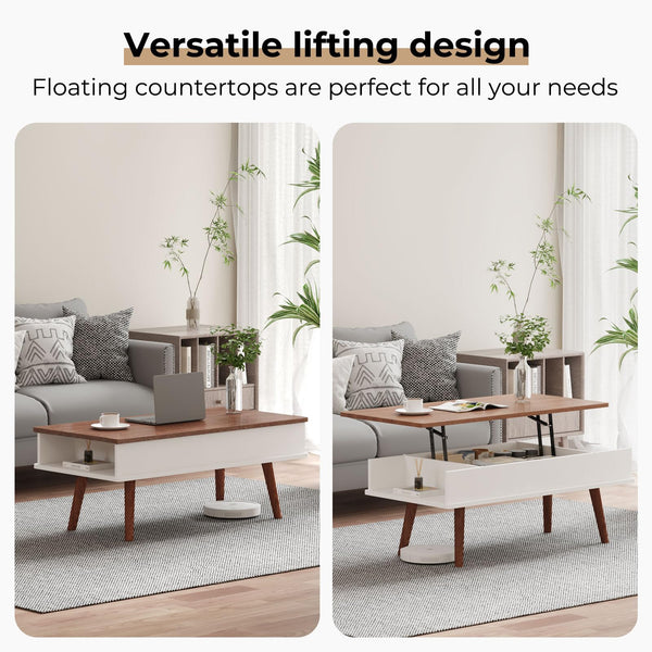 VYRIVA Lift Top Coffee Table, One Minute No Assembly Required Rising Tabletop Center Table with Large Hidden Storage Compartment, Open Shelf, Anti-Pinch Design Mute for Living Room (Walnut)