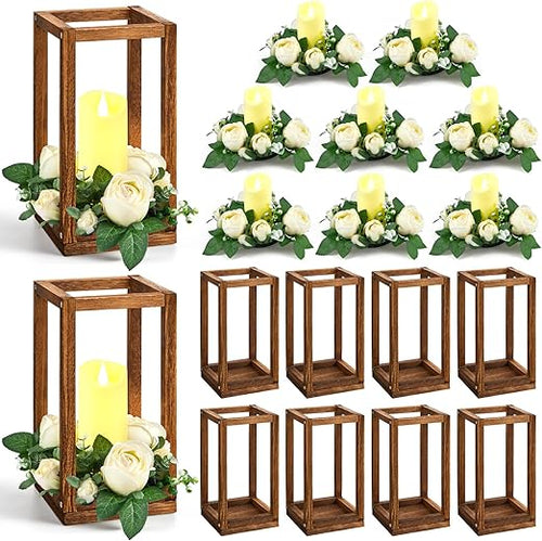 Wood Lantern Wedding Centerpiece Set with LED Candles & Eucalyptus Wreaths – 10 Sets