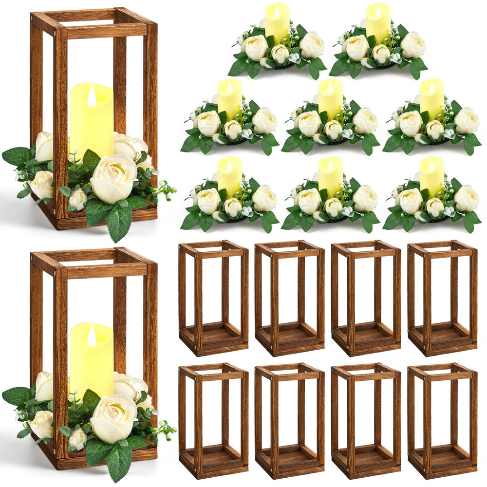 Wood Lantern Wedding Centerpiece Set with LED Candles & Eucalyptus Wreaths – 10 Sets