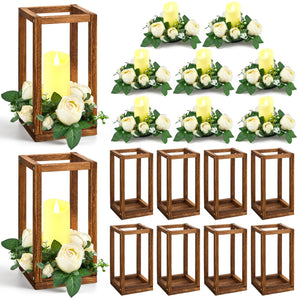 Wood Lantern Wedding Centerpiece Set with LED Candles & Eucalyptus Wreaths – 10 Sets