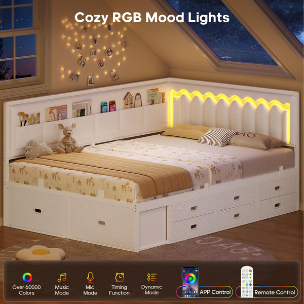 Full Corner Bed Frame with Storage Drawers, RGB Lights & L-Shaped Guardrail